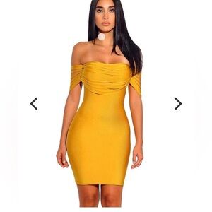 Miss Circle Mustard Off-Shoulder Mini Dress
